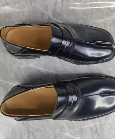 Split Toe Black Genuine Leather Shoes Loafers for Men Sheepskin Comfortable Casual Business Formal Shoes