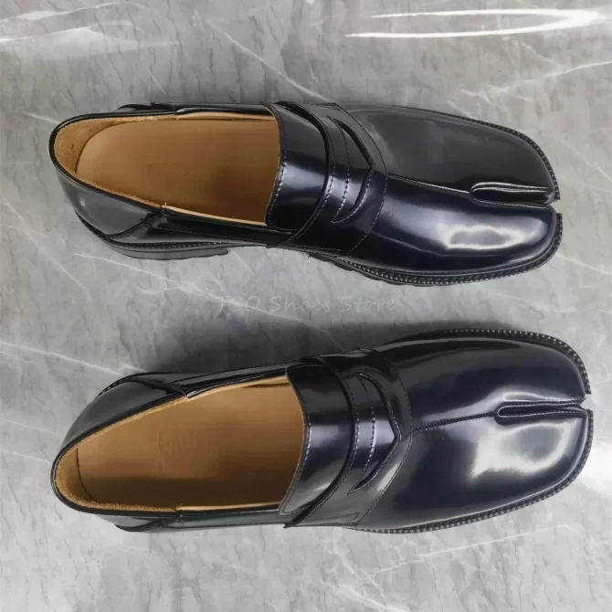Split Toe Black Genuine Leather Shoes Loafers for Men Sheepskin Comfortable Casual Business Formal Shoes