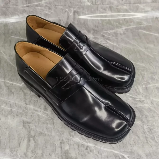 Split Toe Black Genuine Leather Shoes Loafers for Men Sheepskin Comfortable Casual Business Formal Shoes - Image 5