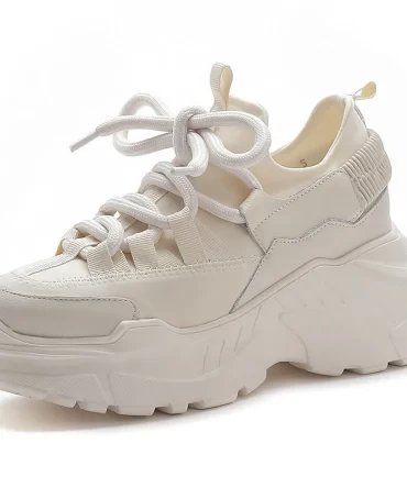 Women's Female Ladies Students Genuine Leather Lycab White Shoes Woman Sneakers Women Platform Lace Up Increased Platform Shoes