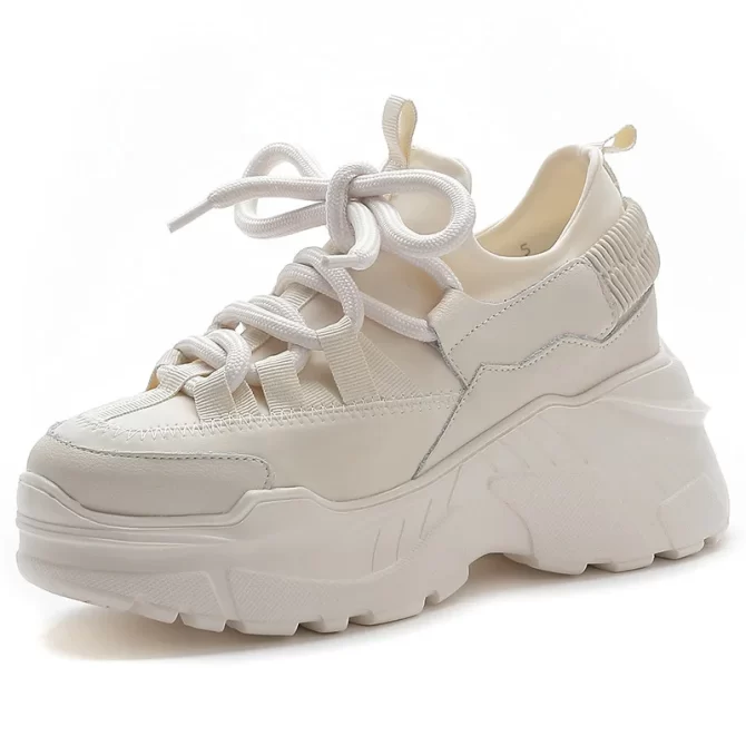 Women's Female Ladies Students Genuine Leather Lycab White Shoes Woman Sneakers Women Platform Lace Up Increased Platform Shoes