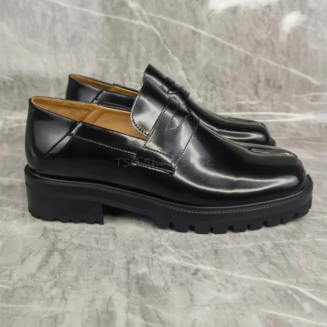 Split Toe Black Genuine Leather Shoes Loafers for Men Sheepskin Comfortable Casual Business Formal Shoes - Image 4