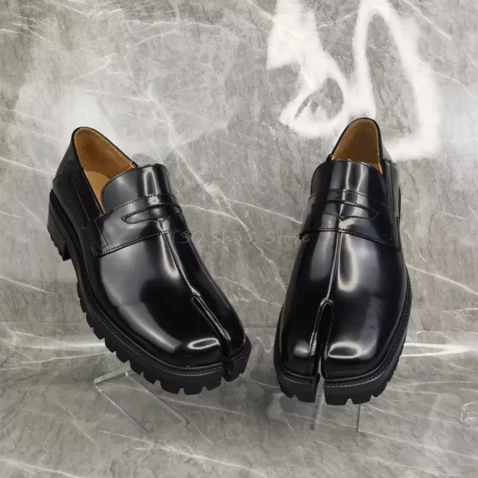 Split Toe Black Genuine Leather Shoes Loafers for Men Sheepskin Comfortable Casual Business Formal Shoes - Image 3